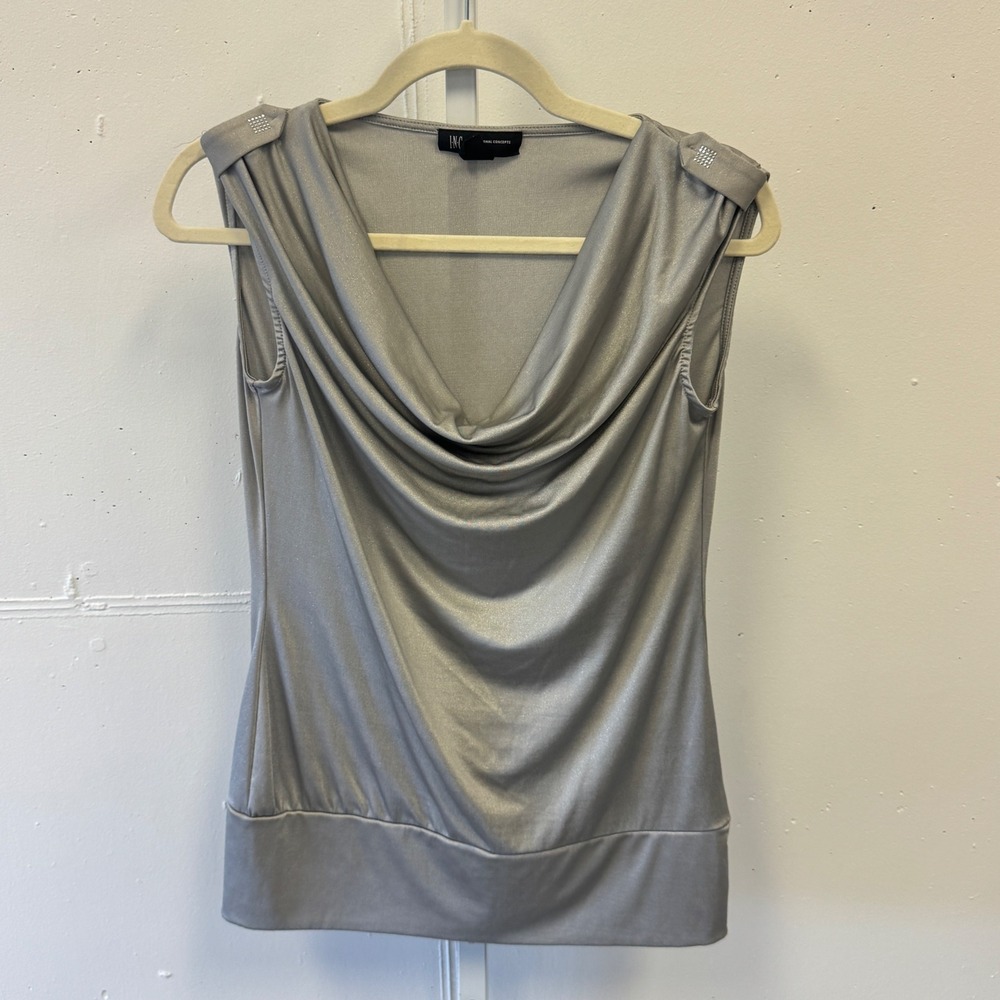 Y2K INC International Concepts Petite Silver Shimmer Cowl Neck Top Rhinestone SP